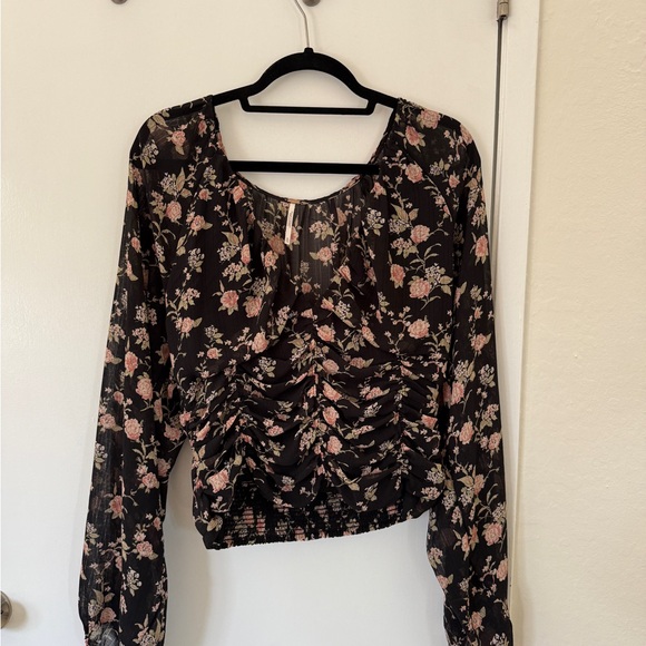 Free People Tops - Free People Black and Soft Pink Floral Blouse Size XL